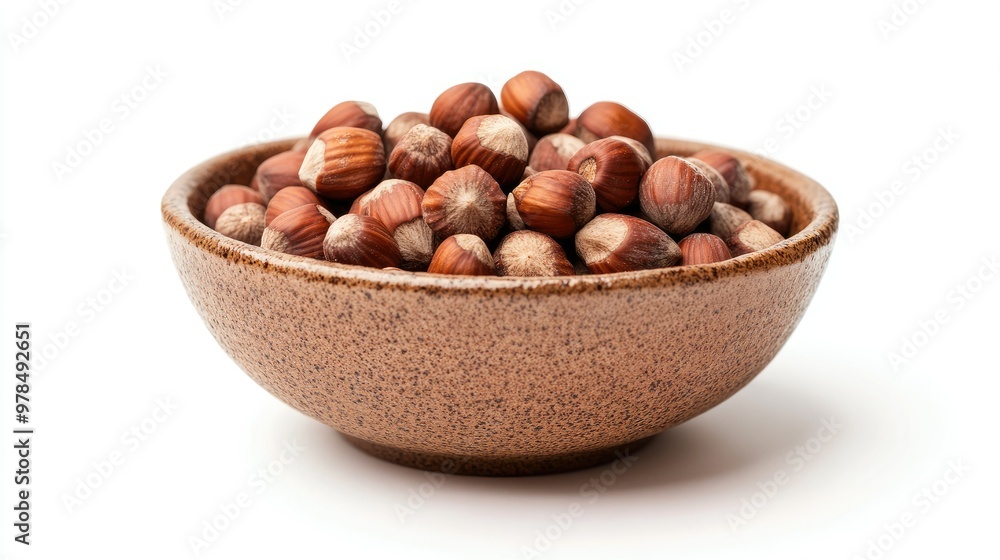 Healthy eating concept with hazelnuts in a rustic bowl, their rich, natural nutrients highlighted against a clean white background Healthy eating concept with hazelnuts in a rustic bowl, their rich, natural nutrients highlighted against a clean white background