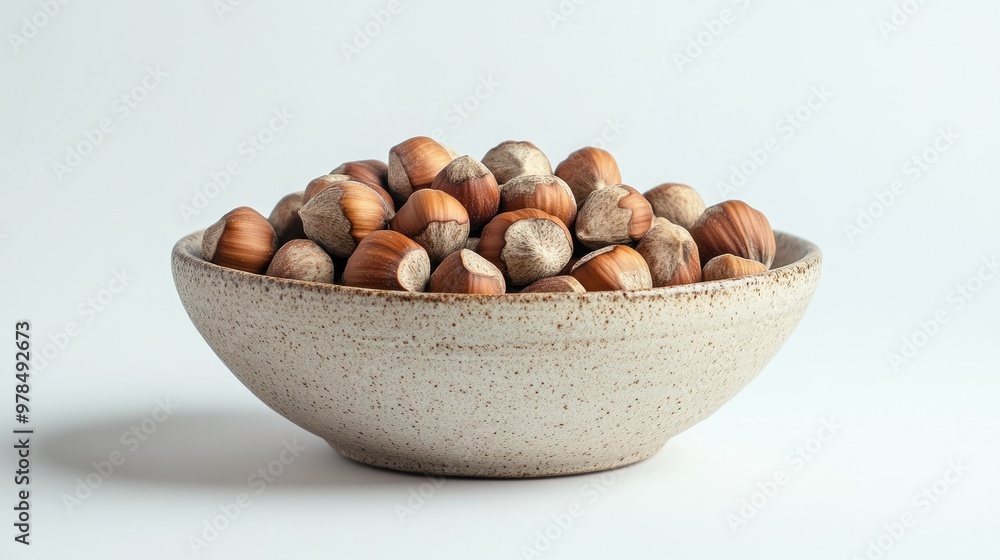 Healthy eating concept with hazelnuts in a rustic bowl, their rich, natural nutrients highlighted against a clean white background Healthy eating concept with hazelnuts in a rustic bowl, their rich, natural nutrients highlighted against a clean white background