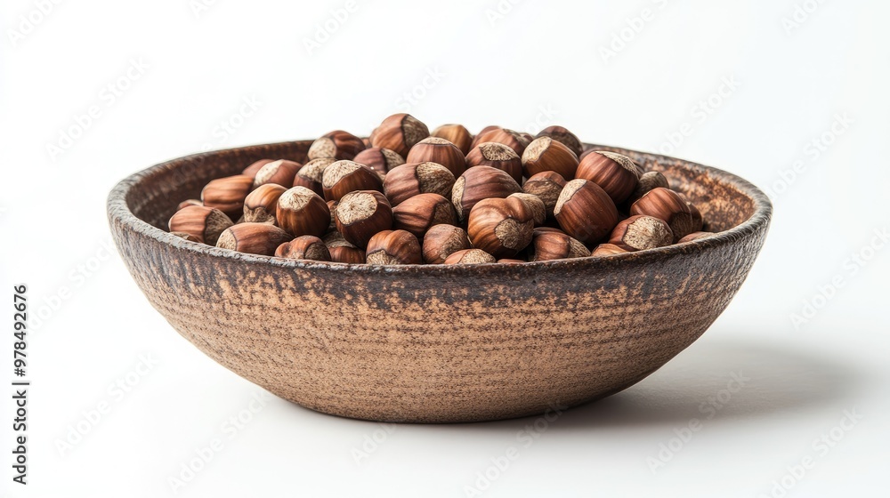 Healthy eating concept with hazelnuts in a rustic bowl, their rich, natural nutrients highlighted against a clean white background Healthy eating concept with hazelnuts in a rustic bowl, their rich, natural nutrients highlighted against a clean white background