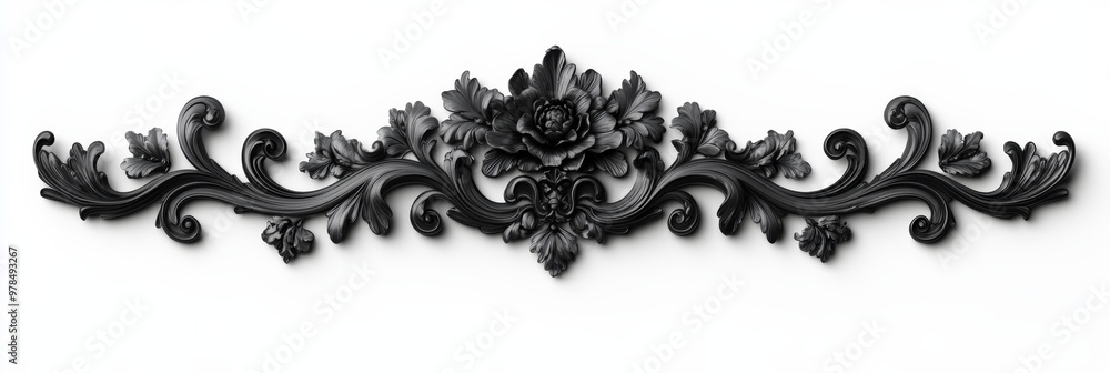 Baroque-style floral and scroll border in black with elegant swirl designs, isolated on a clean white background Baroque-style floral and scroll border in black with elegant swirl designs, isolated on a clean white background