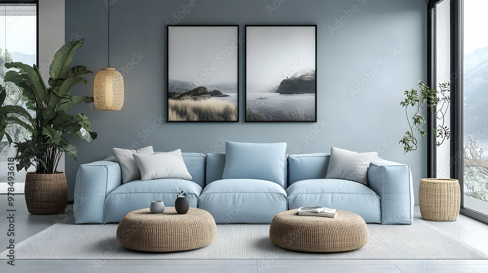 Modern Living Room Decor with Blue Sofa, Natural Elements, and Coastal Artwork Modern Living Room Decor with Blue Sofa, Natural Elements, and Coastal Artwork