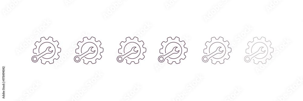 wrench and gear outline icon. Linear vector from construction concept. 6 different line style wrench and gear icon included thin, light, regular, medium, bold, black wrench and gear outline icon. Linear vector from construction concept. 6 different line style wrench and gear icon included thin, light, regular, medium, bold, black