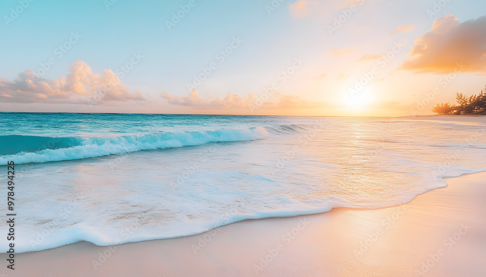 Fototapeta premium Crystal-clear turquoise waters with gentle waves lapping at a pristine beach under a golden sunset