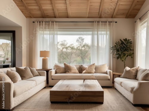 Modern Living Room with White Couches and Wooden Coffee Table