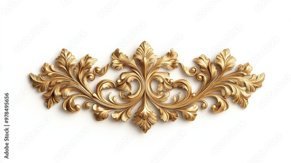 Fototapeta premium Classic floral scroll and swirl ornament in gold, with intricate victorian patterns, isolated on a white background