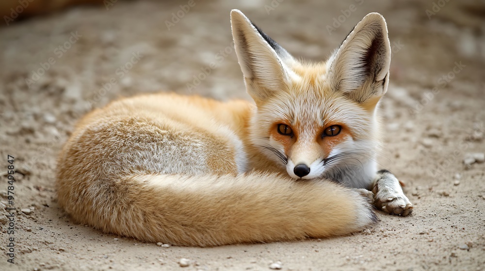 A red fox with large ears and a bushy tail lies on the ground. A red fox with large ears and a bushy tail lies on the ground.