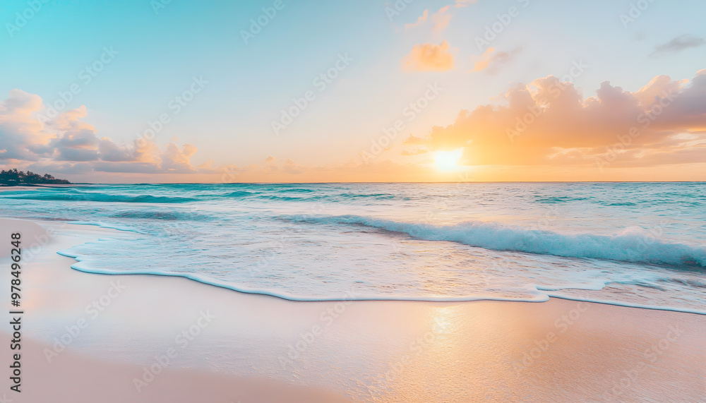 Fototapeta premium Crystal-clear turquoise waters with gentle waves lapping at a pristine beach under a golden sunset