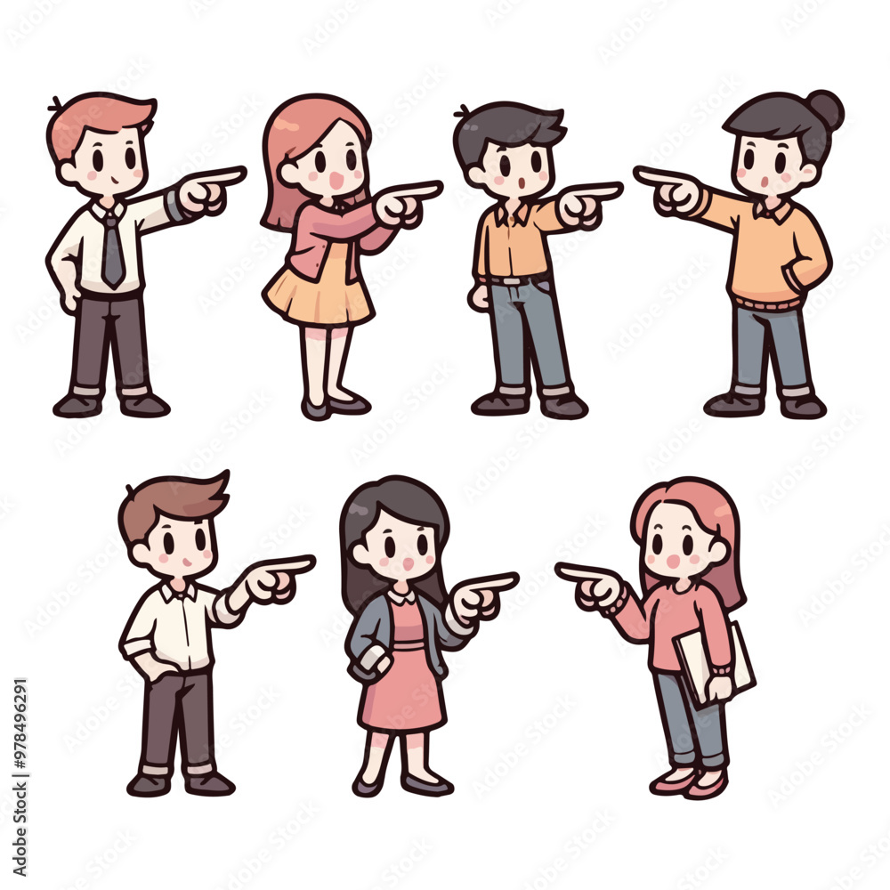 Set of people pointing their finger somewhere. Boy, girl, men and women point fingers. Set of people pointing their finger somewhere. Boy, girl, men and women point fingers.