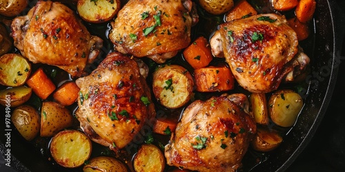 A delicious top-down shot of herb-roasted chicken thighs paired with perfectly cooked potatoes and carrots in a cast iron skillet.  photo