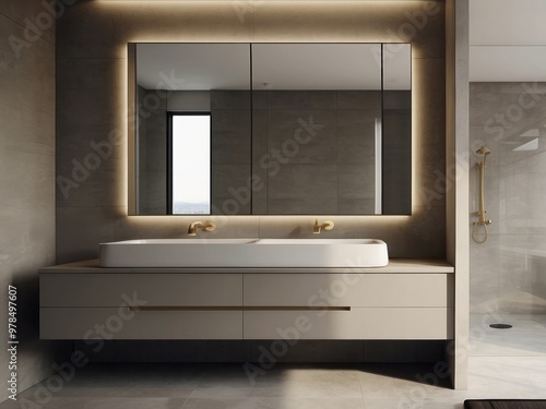 Modern Bathroom with Double Vanity, Gold Fixtures, and Illuminated Mirror