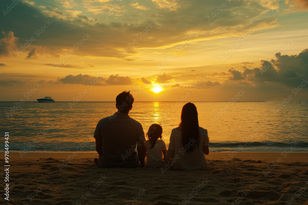 Silhouette of happy family sitting on sandy beach at the sunset, vacation time. Outdoor background.
