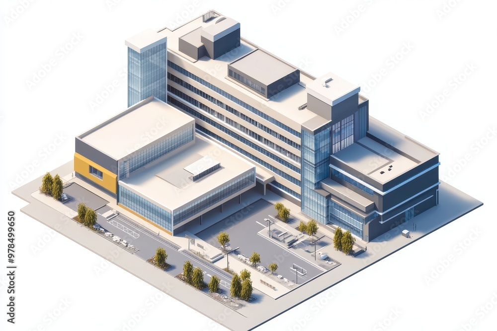 A modern multi-story building with a sleek design and surrounding parking area. A modern multi-story building with a sleek design and surrounding parking area.