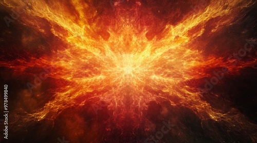 Dramatic fire and smoke effect glowing red and yellow colors exploding outwards with center space. Vivid and hot hell abstract or blazing fire background or wallpaper.generative ai