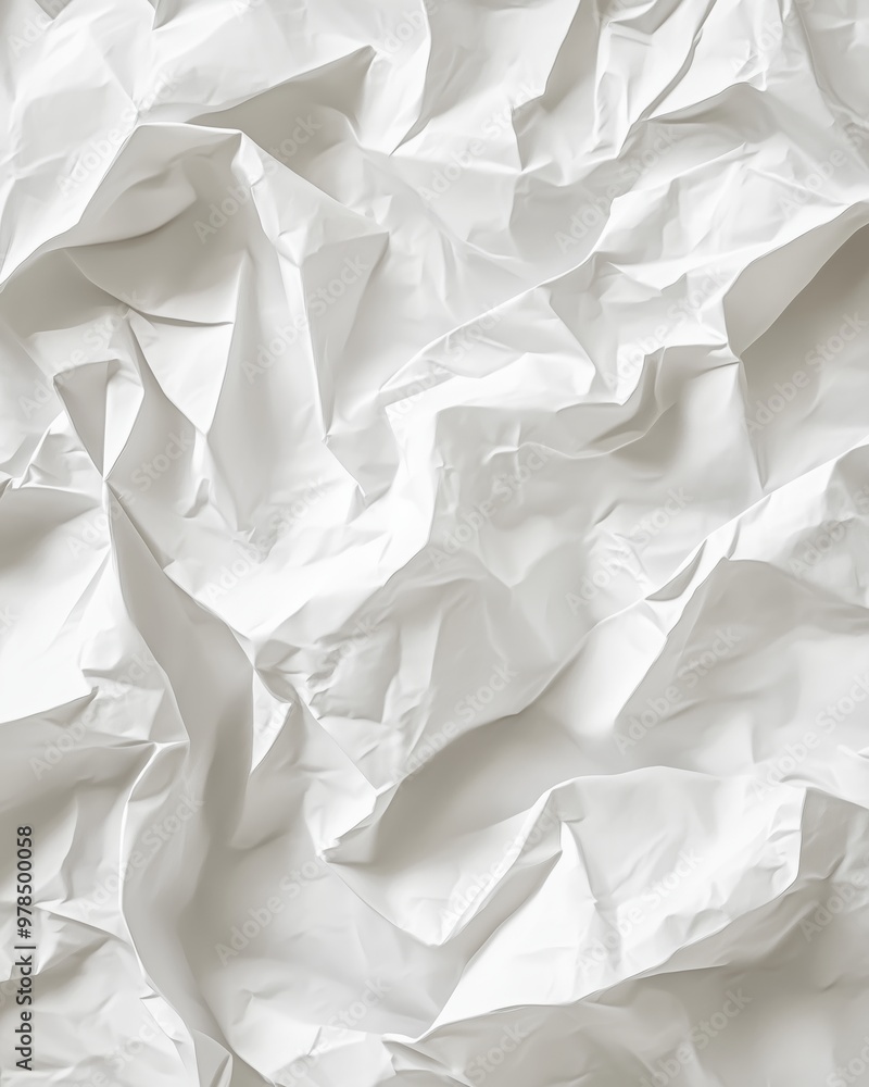 Fototapeta premium A close-up of crumpled white paper highlights folds and shadows, evoking elegance for artistic projects.