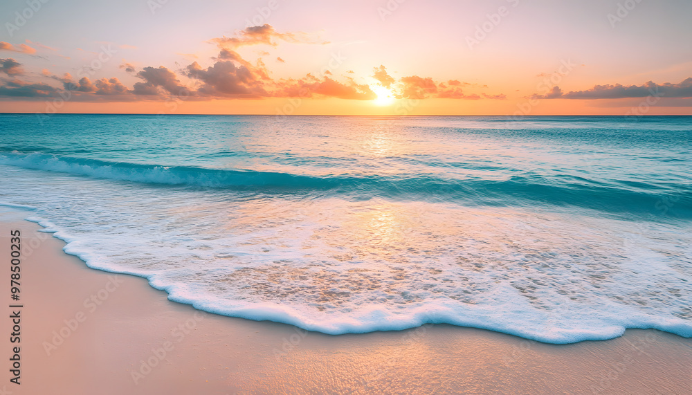 Obraz premium Crystal-clear turquoise waters with gentle waves lapping at a pristine beach under a golden sunset