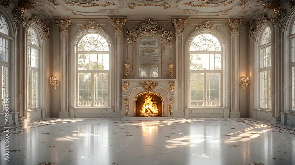 Elegant White Room with Fireplace and Large Windows Elegant White Room with Fireplace and Large Windows