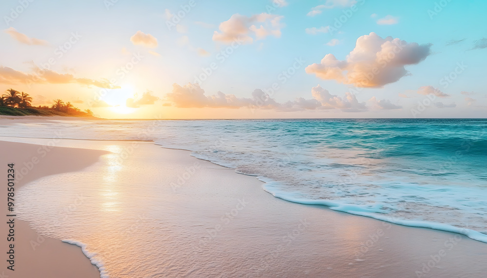 Obraz premium Crystal-clear turquoise waters with gentle waves lapping at a pristine beach under a golden sunset