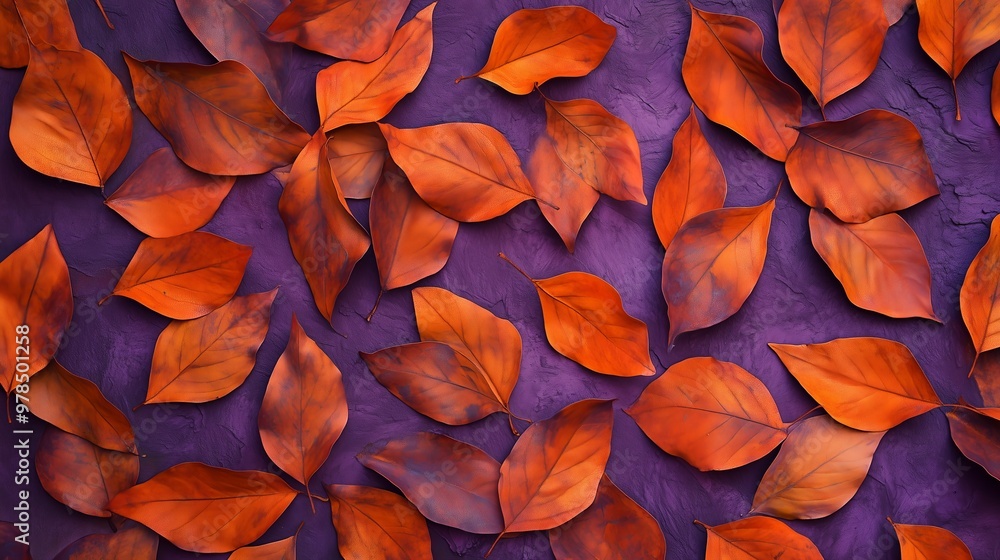 Dry orange metallic leaves contrast with a deep violet background, evoking warmth and nostalgia. Dry orange metallic leaves contrast with a deep violet background, evoking warmth and nostalgia.