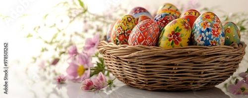 Wicker basket filled with bright hand-painted Easter eggs surrounded a few scattered flowers all set on a clean white surface