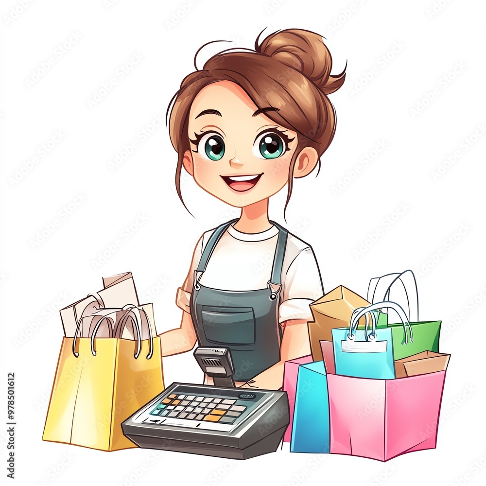 Retail worker clipart with a cash register and shopping bags Retail worker clipart with a cash register and shopping bags