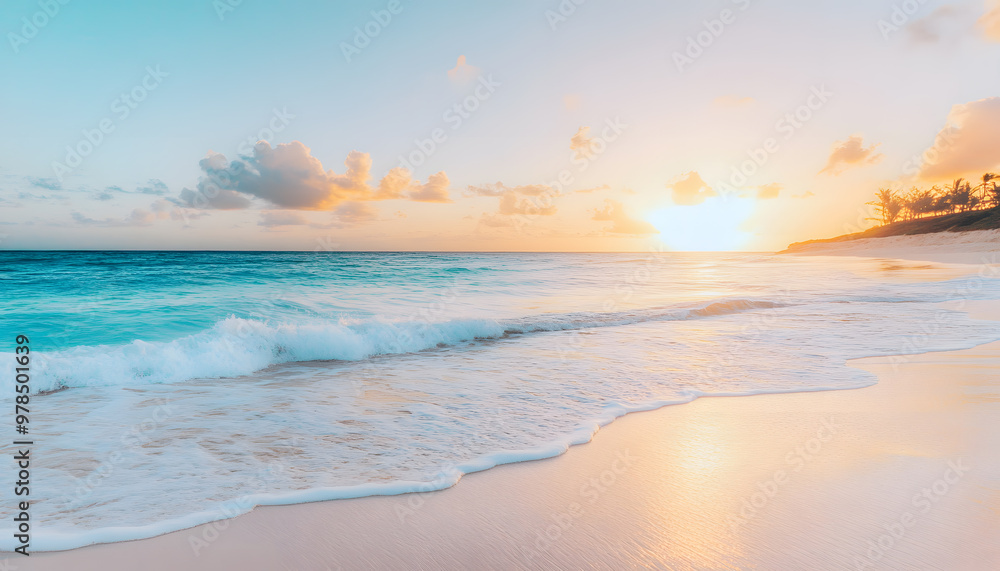 Fototapeta premium Crystal-clear turquoise waters with gentle waves lapping at a pristine beach under a golden sunset