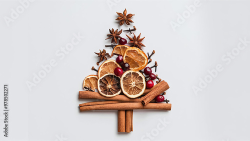 Christmas tree made from spices and dried fruits, creative festive still-life with natural textures