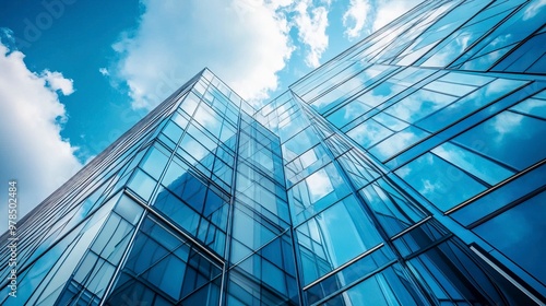 Economics, banking, business and finance concept.A fragment of a modern office building in the capital .glass buildings with cloudy blue sky background .generative ai