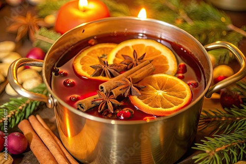 Festive pot of mulled wine with citrus slices and spices.