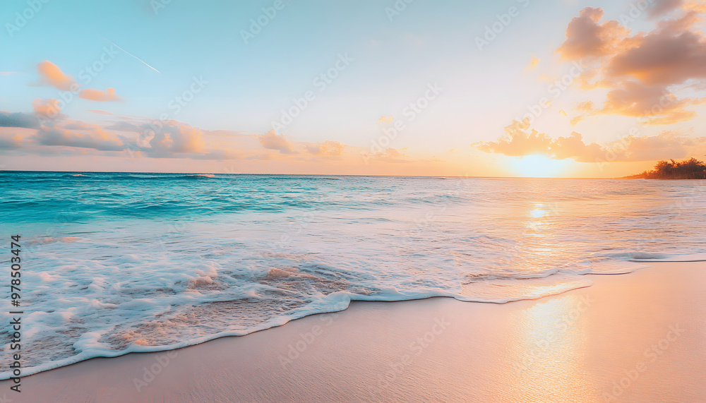 Crystal-clear turquoise waters with gentle waves lapping at a pristine beach under a golden sunset Crystal-clear turquoise waters with gentle waves lapping at a pristine beach under a golden sunset