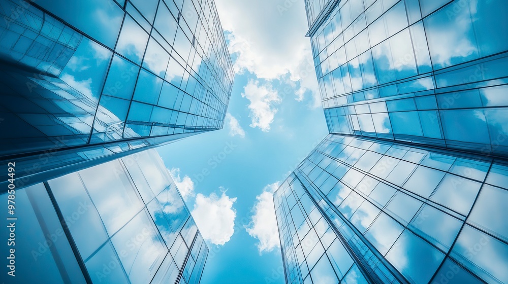 Obraz premium Economics, banking, business and finance concept.A fragment of a modern office building in the capital .glass buildings with cloudy blue sky background .generative ai