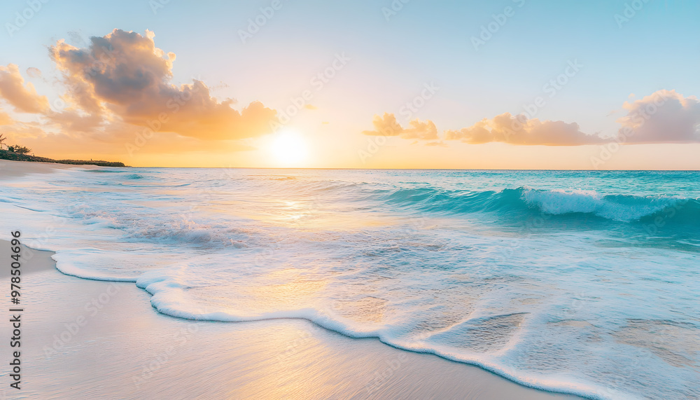 Fototapeta premium Crystal-clear turquoise waters with gentle waves lapping at a pristine beach under a golden sunset