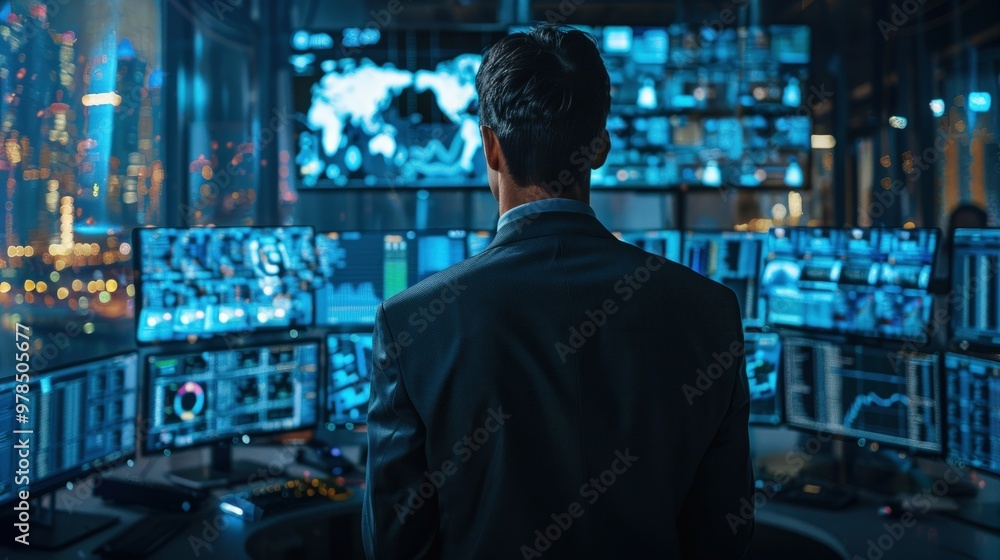 Man in Suit Observing Multiple Screens in a Control Room Man in Suit Observing Multiple Screens in a Control Room