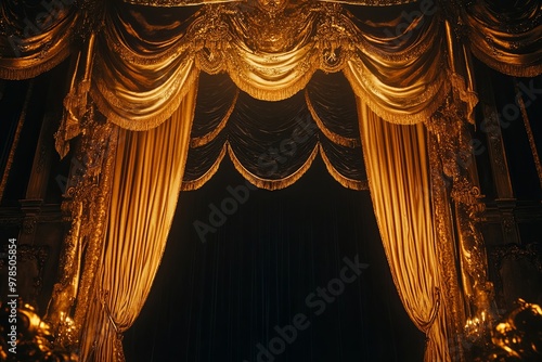 Elegant golden curtains frame a stage with rich textures and intricate designs in a historic theater setting at night. Generative AI photo