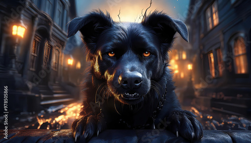 Angry black dog in a dark Old city Halloween horror concept.