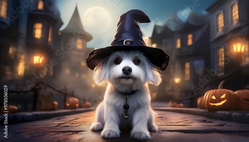 White  cute magic dog with a black witch hat,in a dark Old city. background Halloween concept.