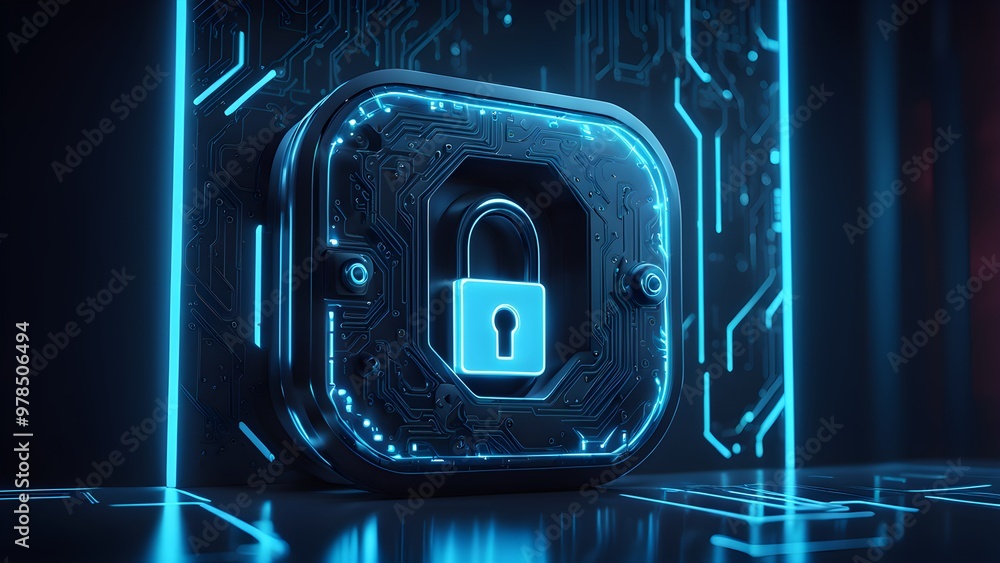 A glowing blue padlock icon embedded in a futuristic, circuit-board-like surface surrounded by neon blue lines. A glowing blue padlock icon embedded in a futuristic, circuit-board-like surface surrounded by neon blue lines.