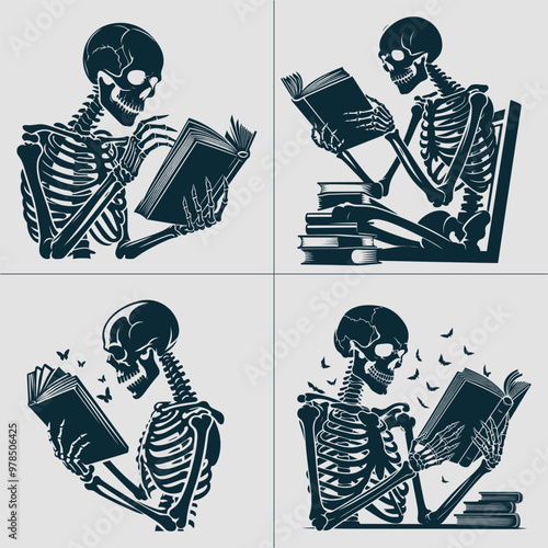 A skeleton reading Book svg, Book lover svg, Reader Bookish svg, Book with flowers svg files for cricut