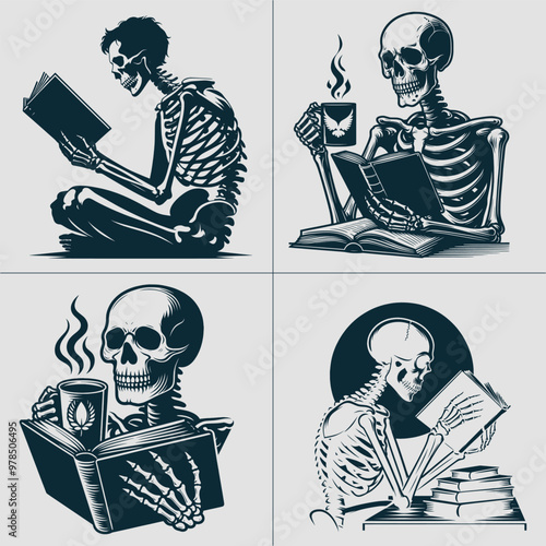 A skeleton reading Book svg, Book lover svg, Reader Bookish svg, Book with flowers svg files for cricut