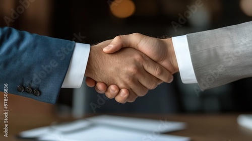 A close-up of a handshake between two professionals, symbolizing agreement and partnership in a business environment.