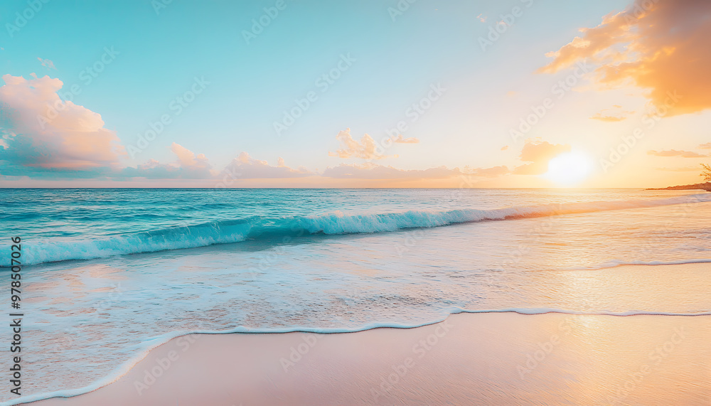 Fototapeta premium Crystal-clear turquoise waters with gentle waves lapping at a pristine beach under a golden sunset