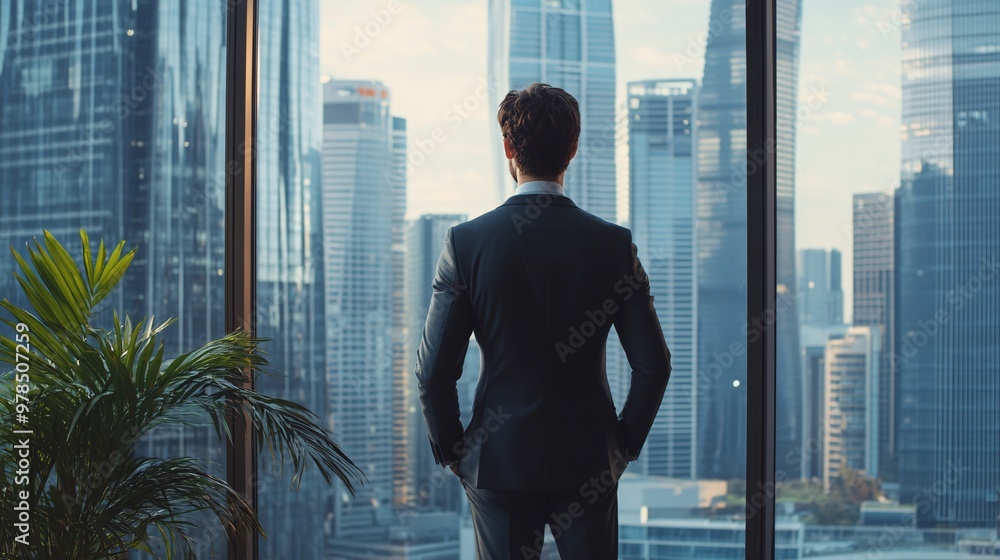 Businessman gazing out at a vibrant urban skyline, symbolizing ambition and success in a modern corporate environment. Businessman gazing out at a vibrant urban skyline, symbolizing ambition and success in a modern corporate environment.