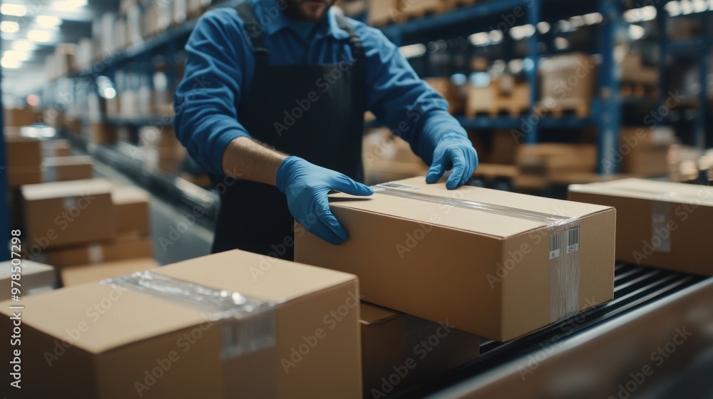 Close-up shot of a worker carefully labeling boxes for shipment in a bustling warehouse Close-up shot of a worker carefully labeling boxes for shipment in a bustling warehouse