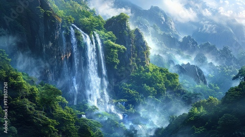 Waterfall cascading through misty mountain scenery