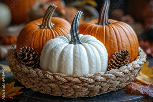 Wallpaper Mural A cozy autumn still life featuring white and orange pumpkins in a woven basket, perfect for Thanksgiving and Halloween decor with copy space. Torontodigital.ca