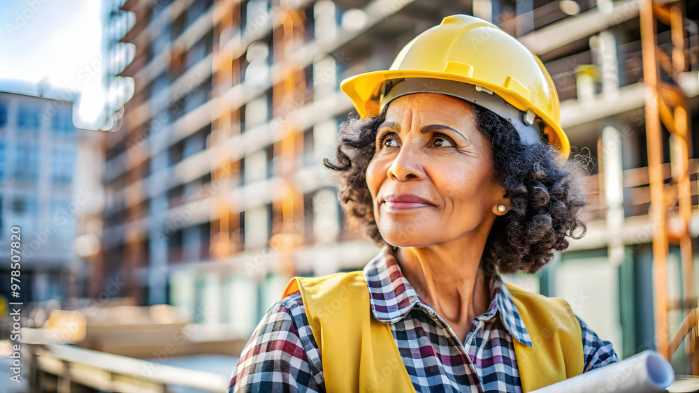 Women Engineer in protective gear ensures accuracy at building project. Women Engineer in protective gear ensures accuracy at building project.