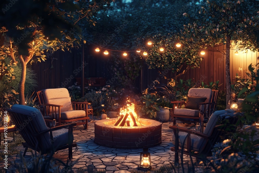 A Warm And Inviting Backyard Campfire With A Crackling Fire, Comfortable Seating, And Softly Glowing Lights Adding To The, Generative AI A Warm And Inviting Backyard Campfire With A Crackling Fire, Comfortable Seating, And Softly Glowing Lights Adding To The, Generative AI