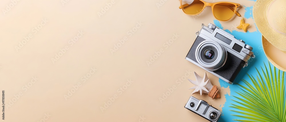 Stylish summer accessories including a camera, sunglasses, and palm leaves, perfect for vacation planning and travel photography. Stylish summer accessories including a camera, sunglasses, and palm leaves, perfect for vacation planning and travel photography.