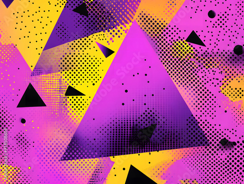 Wallpaper Mural Bold Geometric Abstract Pattern with Vibrant Triangles, Dots, and Shapes in Yellow, Purple, and Blue Torontodigital.ca