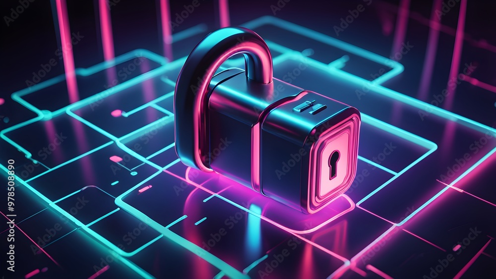 A metallic padlock sits on a futuristic circuit board with neon lights. A metallic padlock sits on a futuristic circuit board with neon lights.