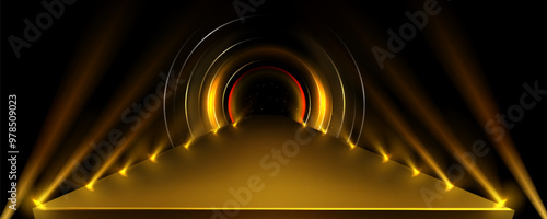 Stage catwalk with gold spotlight beams and circle tunnel. Realistic 3d vector abstract scene with golden light for winner award ceremony or product presentation. Black luxury studio background.